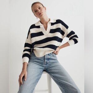 Madewell Navy and Cream Striped V-Neck Waffle Knit Henley Sweater